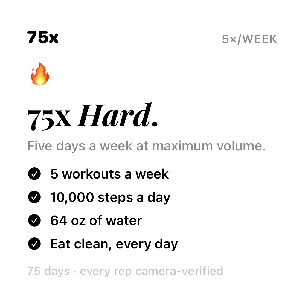 The 75x Hard plan: 5 workouts a week, 10,000 steps a day, 80 oz of water, eat clean every day