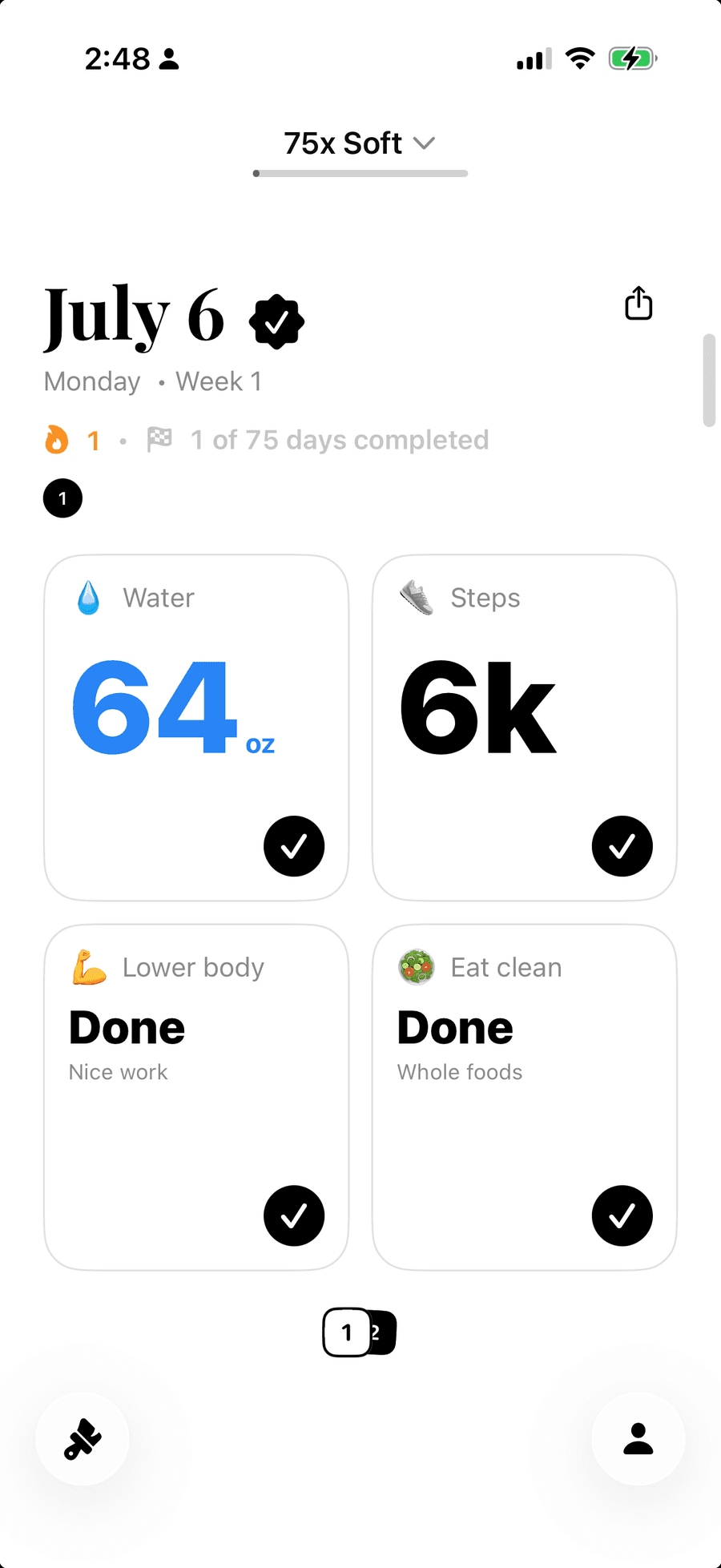 The 75X day view: July 6, week 1, with water, steps, lower body, and eat clean all checked off