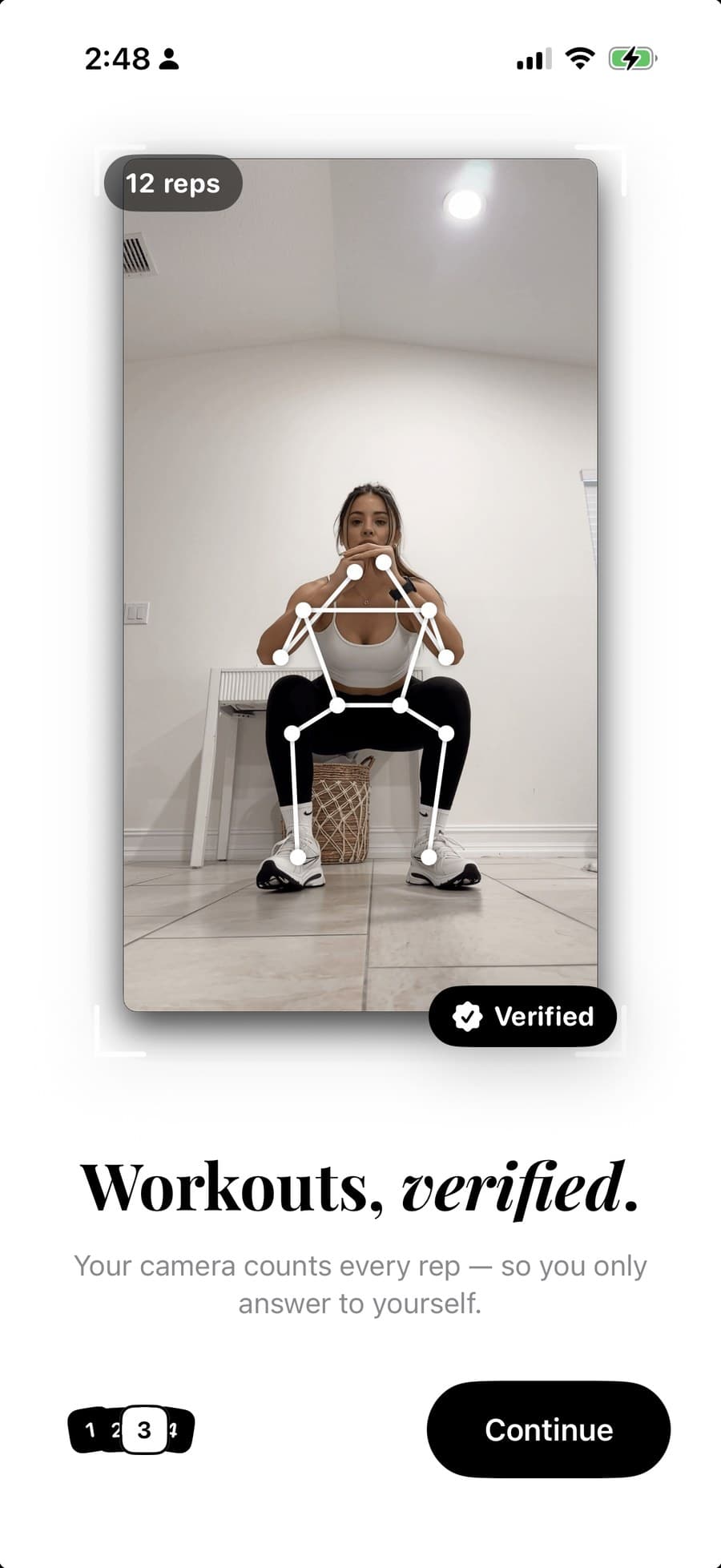 A verified workout in 75X: the camera tracking a squat with a pose skeleton, 12 reps counted, marked Verified