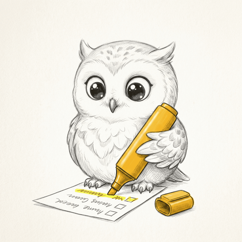 Peek's pencil-sketched owl running a yellow highlighter across a page