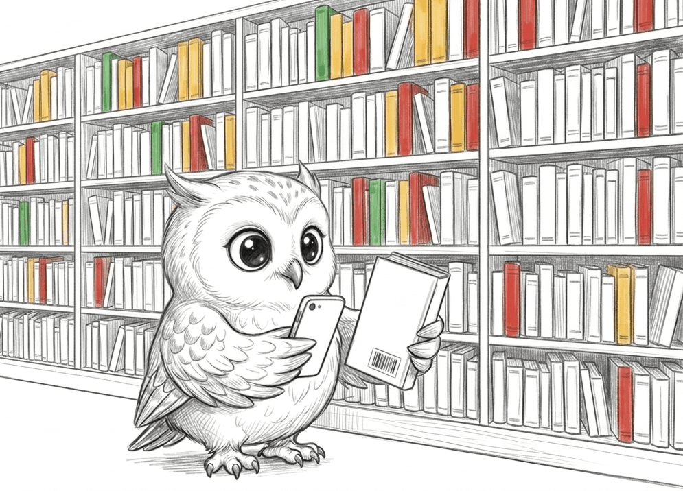 Peek's owl in a bookstore aisle, scanning a book's barcode with an iPhone in front of a shelf of pencil-sketched books, a few spines colored green, yellow, and red